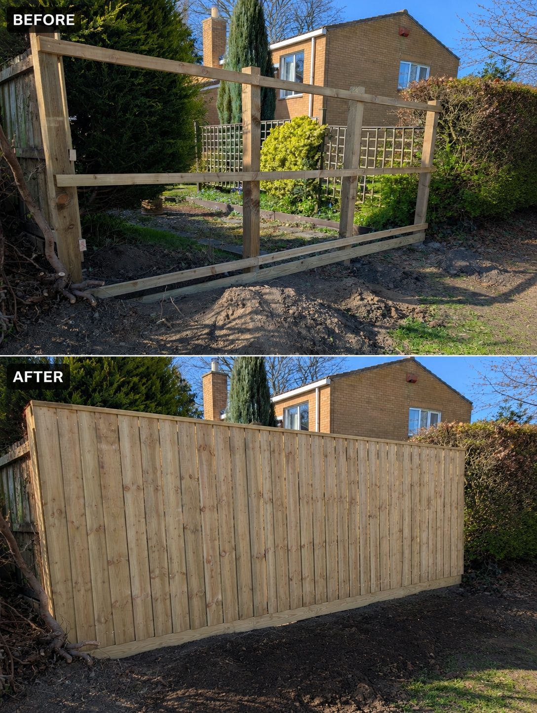 Before and after: a broken garden fence, then a new close-board fence in its place